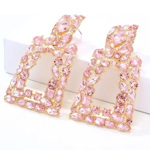 Yellow Gold with Pink Sapphire Crystal Geometric Rectangle Post Back Earrings